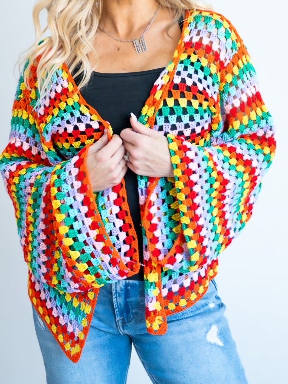 Rainbow Knitted Cardigan - Multicolor Text Overlay (XL)
